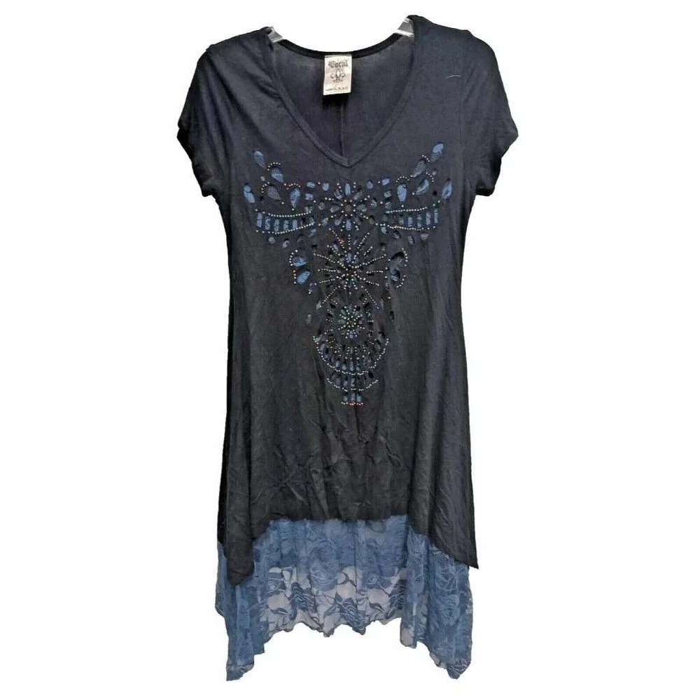 Vocal Tunic Top Womens Medium Black Embellished Lace Trim Boho Short Sleeve